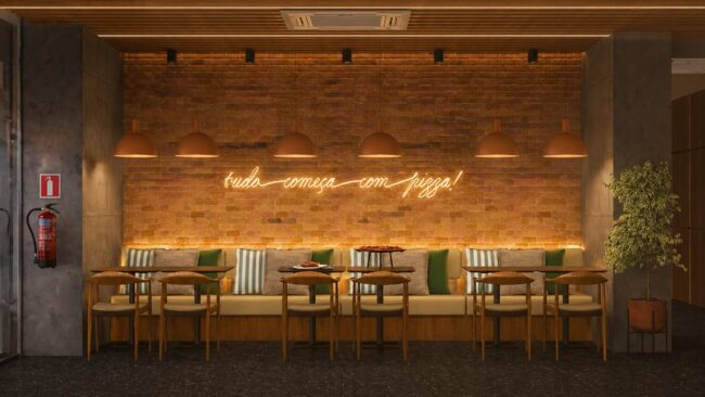 Render do projeto de ambientação da Ribalta Pizzaria, Unpack Design – canto americano com letreiro iluminado