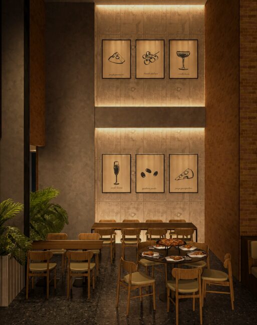 Render do projeto de ambientação da Ribalta Pizzaria, Unpack Design – paredão de artes e prateleira em madeira