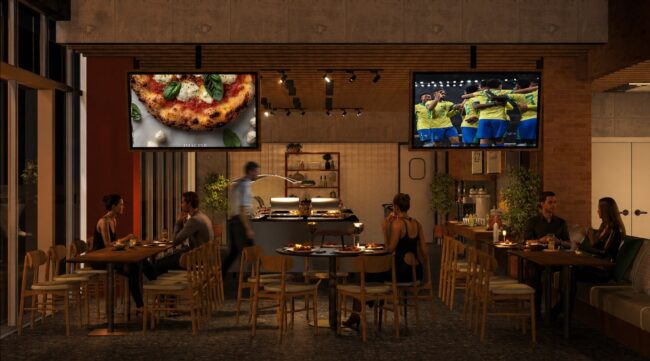 Render do projeto de ambientação da Ribalta Pizzaria, Unpack Design – buffet frontal com quadros ilustrados