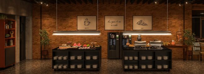 Render do projeto de ambientação da Ribalta Pizzaria, Unpack Design – buffet lateral com parede de tijolinhos