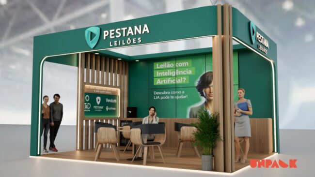 Stand Pestana Leilões no Congresso Fenauto, projeto da Unpack Design – vista frontal