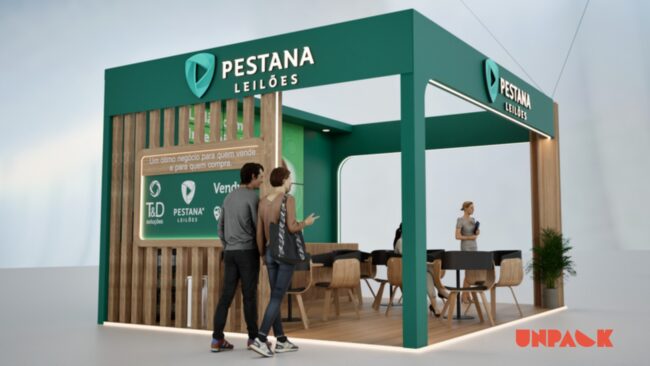 Stand Pestana Leilões no Congresso Fenauto, projeto da Unpack Design – vista do balcão e painel de parceiros