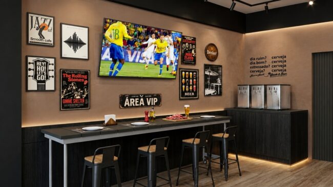 Render do projeto da loja Steak & Beer, Unpack Design – parede de quadros de jazz e rock e balcão de apoio