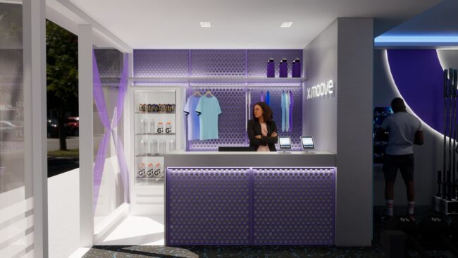 Recepção e balcão de produtos da academia xMoove, projeto conceito de arquitetura da Unpack Design