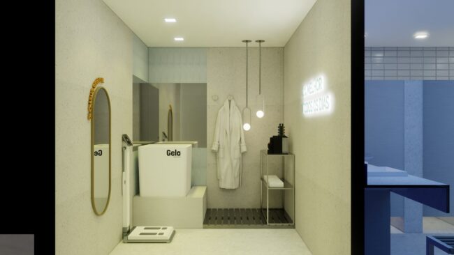 Área de banho do estúdio xMoove, projeto conceito da Unpack Design